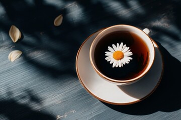Unique Tea Presentation With Daisy Flower in Cup on Wooden Table During Bright Afternoon