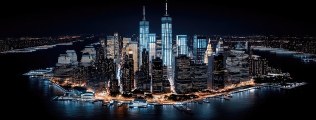 A foggy night reveals a bustling city with glowing skyscrapers, street lights, and a meandering river under an atmospheric sky