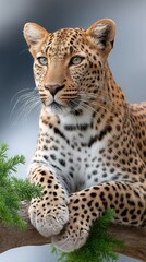 Obraz premium Leopard resting gracefully on an acacia tree branch in the savannah during a serene afternoon, showcasing striking features and natural beauty in vivid detail