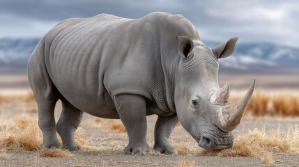 Obraz premium White rhinoceros grazes peacefully in the savanna while giraffes and other wildlife roam in the background of an African grassland landscape