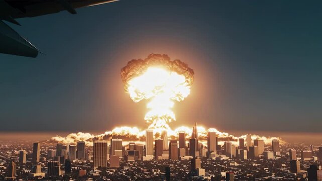 AI-generated video depicting a hypothetical nuclear explosion over Los Angeles, with a fiery mushroom cloud above the city&rsquo;s skyline. Ideal for conceptual work involving apocalyptic fiction, global th