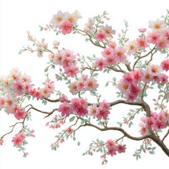 Obraz premium Pink cherry blossoms branch detail on white background