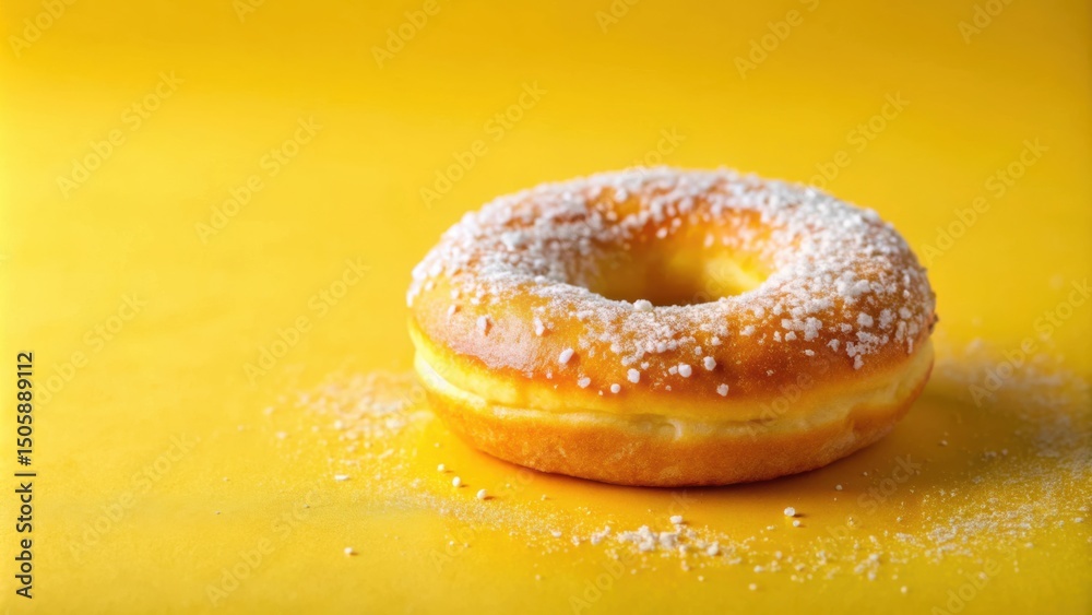 Poster a single glazed donut with a sprinkle of sugar on a yellow background.