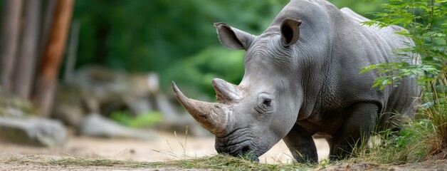 Close-up of rhinoceros grazing on grass at a serene zoo environment during daytime with ample space for text overlay