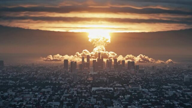 AI-generated video depicting a hypothetical nuclear explosion over Los Angeles, with a fiery mushroom cloud above the city&rsquo;s skyline. Ideal for conceptual work involving apocalyptic fiction, global th