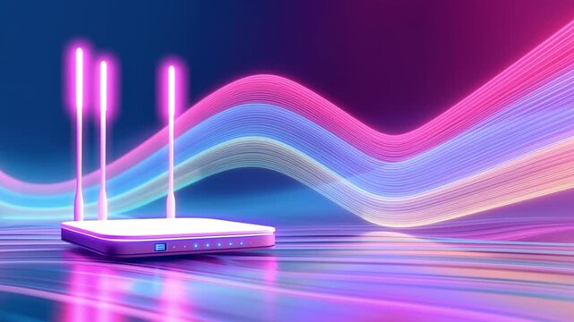 modern 5g router for home secure networks and online communication on a bright neon digital background with a gradient of blue and pink colors and copy space