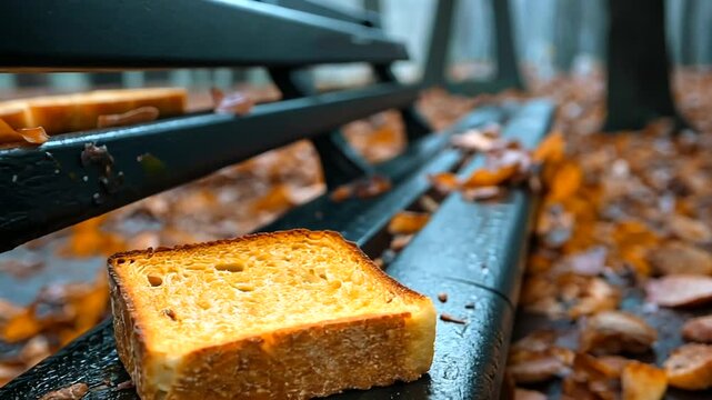 A slice of toasted bread resting on a park bench surrounded by autumn leaves in a misty forest