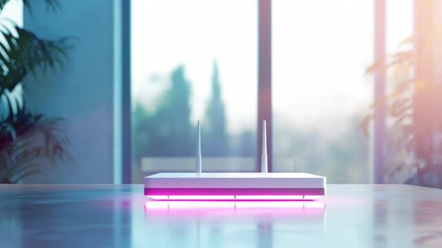 Tabletop with a modern white router for home Internet and television networks, online communications against the background of a light home interior with neon lighting and copy space