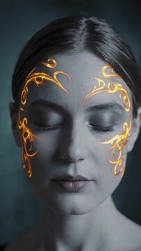 Portrait d&rsquo;une femme fermant les yeux avec motifs lumineux dor&eacute;s sur le visage
