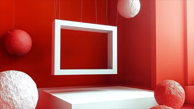 Abstract interior with suspended frame and red spheres on wall  