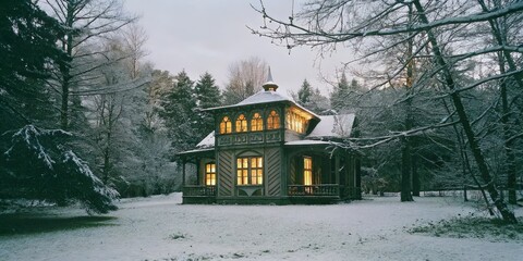 Snow-covered house in winter forest