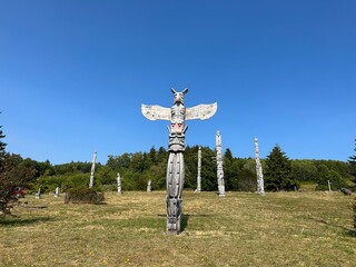Namgis First Nation Totem poles, Namgis Burial Grounds, the Village of Alert Bay, Cormorant Island, British Columbia. Canada
