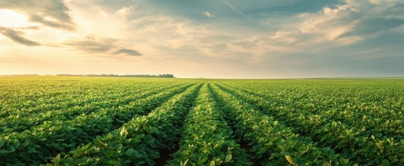 The expansive green fields of crops under a beautiful sunset sky.