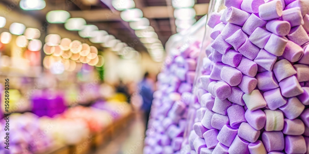 Poster A close-up of purple marshmallows stacked high in a display, showcasing their soft and fluffy texture, with a blurred background hinting at a bustling market or a confectionery store