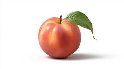 Peach, a realistic stock photo on a white background with no shadow or text in the middle of the picture. No other elements, just one peach with a leaf on top. The image is used for digital design and