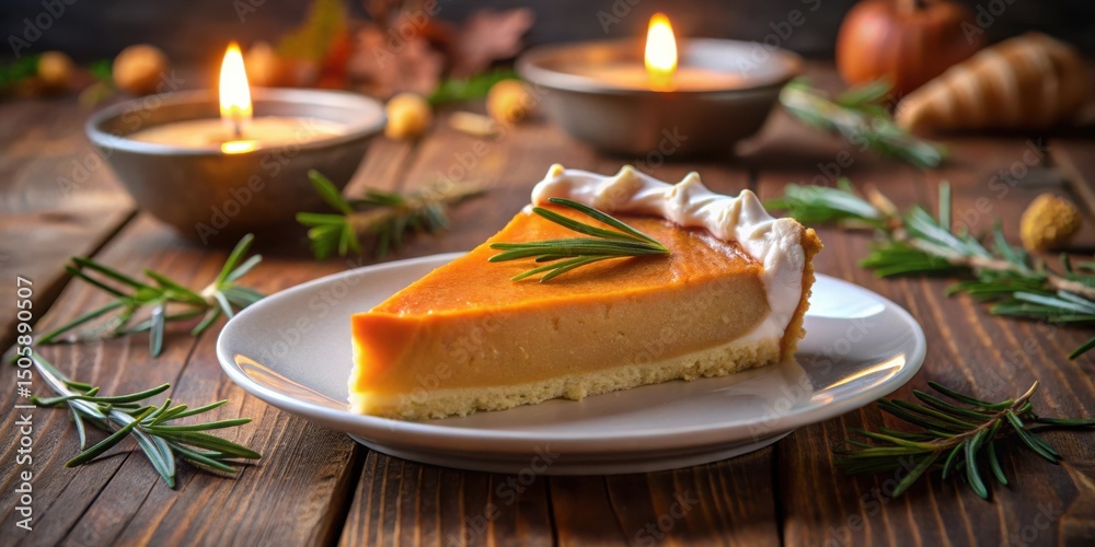 Poster A single slice of pumpkin pie with a delicate meringue topping and rosemary garnish, resting on a white plate against a rustic wooden backdrop with warm candlelight illuminating the scene.