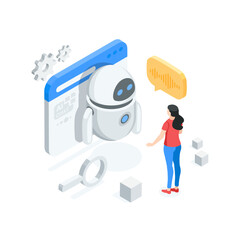 isometric vector woman talking to robot on program window, in color on white background, artificial intelligence or virtual assistant or AI chat