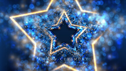 Luxury golden neon star frame with sparkling decoration and bright blue bokeh lights. Ideal for award ceremonies, celebrations and recognition events. Vector illustration.