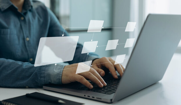 Scheme hierarchy management of corporate. Digital technology of business process and workflow automation with flowchart and processing management.	