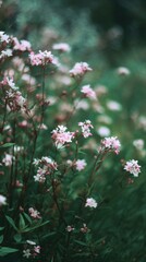 Fototapeta premium Delicate Pink Flowers Blooming in a Lush Green Garden During a Serene Afternoon