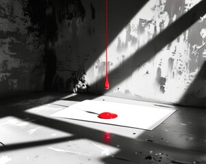 A red drop of paint is falling on a white piece of paper