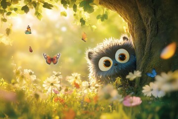 Cute furry creature with large eyes peeking from behind a tree, surrounded by colorful butterflies and blooming flowers in a vibrant, magical forest setting