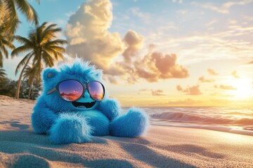 Blue furry creature wearing sunglasses sits on sandy beach, surrounded by palm trees, enjoying sunset view over ocean, evoking a sense of relaxation and joy in a tropical paradise