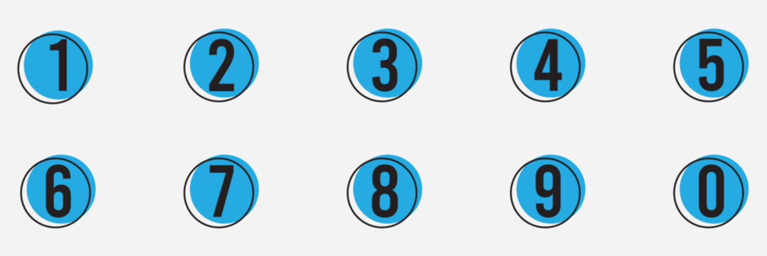 Set of 1 to 9 numbers simple design isolated. typography set of rounds 1 to 9 numbers. bullet point number icons collection. Numeral typographic line and flat icons set. Colorful bullet point number. 