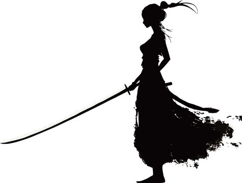 Silhouette of a female warrior holding a sword, exuding strength and elegance.