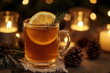 Warm beverage in a glass mug garnished with lemon slice and rosemary, surrounded by candles and pine cones, creating a cozy and inviting atmosphere for winter relaxation