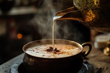 Warm beverage being poured from ornate teapot into a decorative bowl, with steam rising and spices visible, creating a cozy and inviting atmosphere for tea lovers