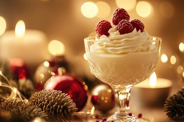 Dessert in elegant glass bowl topped with whipped cream and fresh raspberries, surrounded by festive decorations and soft glowing lights, creating a warm holiday atmosphere