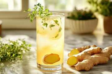 Refreshing beverage with ginger and herbs served in a tall glass, garnished with fresh mint leaves, surrounded by ginger roots and greenery, showcasing a vibrant drink experience