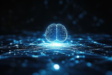Futuristic digital brain illustration glowing in blue light, surrounded by interconnected nodes and lines, representing advanced technology and artificial intelligence concepts in a dark environment