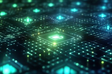 Abstract digital circuit board with glowing green elements and intricate patterns, showcasing technology and innovation in a futuristic design environment