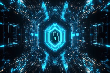 Futuristic digital illustration featuring a glowing padlock at the center, surrounded by vibrant blue and orange data streams, representing cybersecurity and data protection concepts