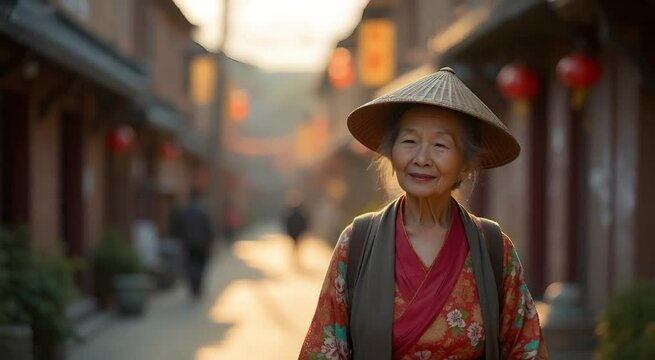 Anciana Japonesa Caminando por un Barrio japones