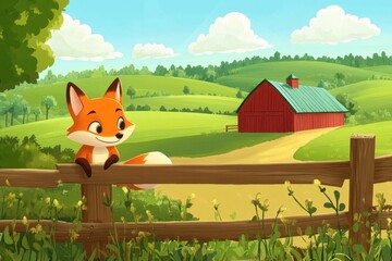 Cute orange fox character sitting on a wooden fence, surrounded by vibrant green fields and a red barn, showcasing a peaceful rural landscape in a cheerful illustration
