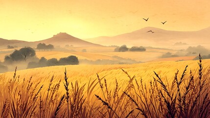 Fototapeta premium Golden wheat field at sunset with rolling hills and birds