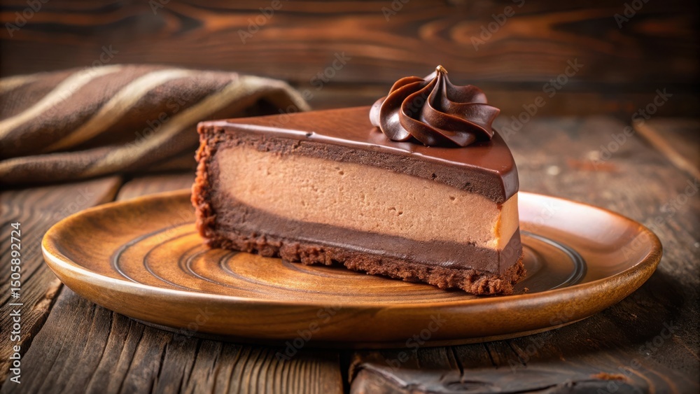 Poster a single slice of layered chocolate cake with a chocolate swirl on top, resting on a rustic wooden p