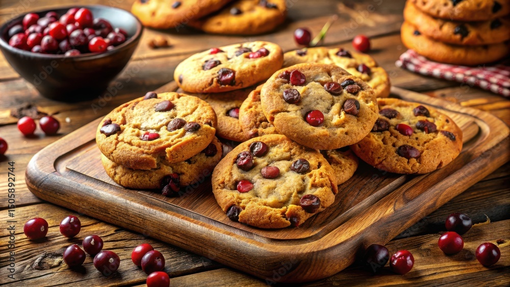 Poster a stack of cranberry and chocolate chip cookies on a wooden cutting board surrounded by fresh cranbe