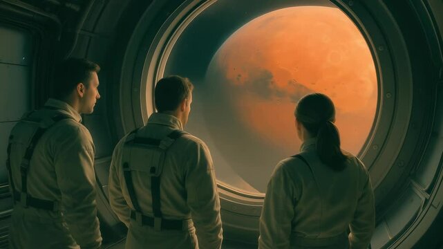 Three crew members in uniform observe orange-tinted Mars through spacecraft window. Dramatic planetary landscape visible with atmospheric clouds. Contemplative moment during interplanetary mission.