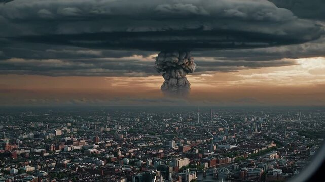 AI-generated visualization of a hypothetical nuclear explosion over Beijing, with a massive mushroom cloud rising above the Forbidden City and modern skyscrapers. Ideal for conceptual projects about n