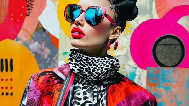 Stylish woman in futuristic fashion with colorful urban art background