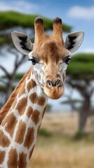 Obraz premium Giraffe head captured against an African savannah with acacia trees and blue sky in the background highlighting its distinctive features and natural beauty