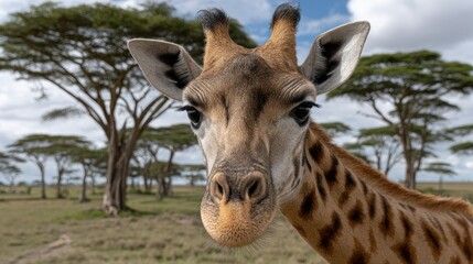 Giraffe head captured against an African savannah with acacia trees and blue sky in the background highlighting its distinctive features and natural beauty