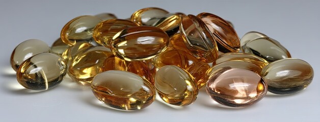 Pile of pastel-colored softgels resting on a white surface captured from above in high-resolution clarity, showcasing the smooth and glossy texture of each capsule