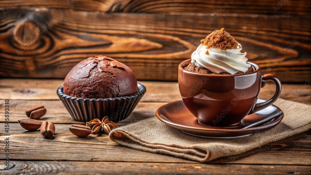 Poster a brown coffee cup with a whipped cream topping and a chocolate muffin next to it on a rustic wooden