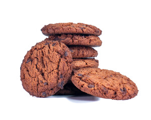 Close-up Stack of crispy chocolate chip cookies with sweet dark brown color isolated on white background, suitable for advertising and promotion