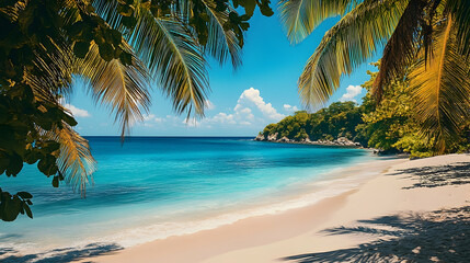 Tropical beach scene framed by palm trees.